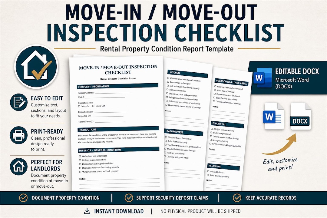 Move in Move Out Inspection Checklist | Editable DOCX Landlord Template ...