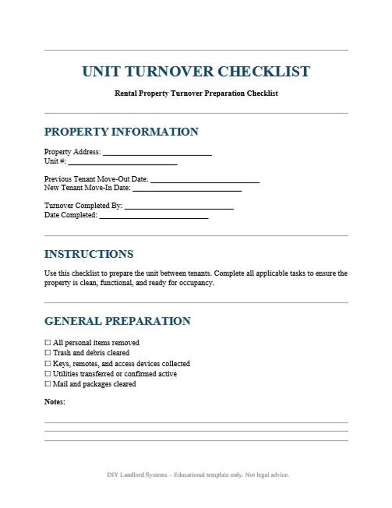 Unit Turnover Checklist | Editable DOCX Landlord Template | Rental ...