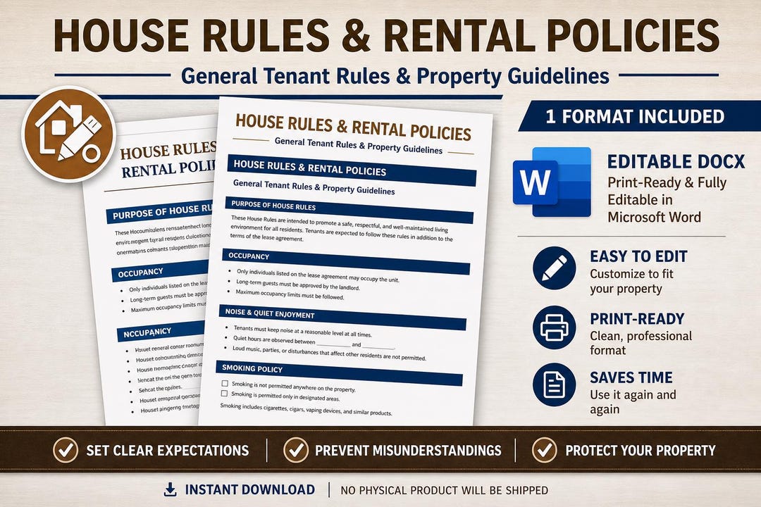 House Rental Policy House Rules & Rental Policies Template | Editable DOCX Landlord Form ...