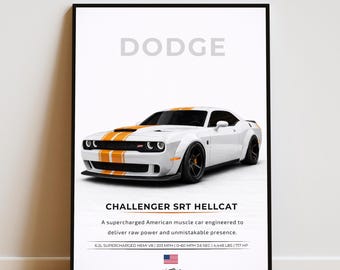 Dodge Challenger SRT Hellcat Poster White-Orange | Supercar Wall Art | Luxury Car Print | Automotive Wall Decor | Sports Car Poster