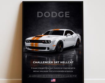 Dodge Challenger SRT Hellcat Poster Orange-White | Supercar Wall Art | Luxury Car Print | Automotive Wall Decor | Sports Car Poster
