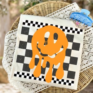Happy Fall Doodle PNG, Cute Pumpkin Face, Preppy Spooky Season Shirt Design, Halloween, Melting Smiley Ghost, Retro Checkered Sublimation