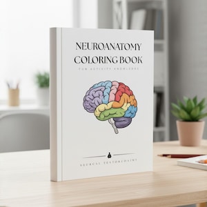 Op de afbeelding: Een wit "Neuroanatomie Kleurboek" met een kleurrijke hersenillustratie. De omslag van het boek bevat de titel en de woorden "Fun Activity Knowledge" en "Neural Textorcoamy". Het boek ligt op een houten tafel.