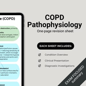 Puede incluir: Una tableta digital muestra una hoja de revisión de la fisiopatología de la EPOC. La hoja incluye secciones sobre descripción general de la afección, presentación clínica e investigaciones diagnósticas. El texto es en blanco y negro con resaltes verdes y azules.