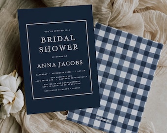 Navy Gingham Bridal Shower Invitations, Blue Bridal Brunch Invites, Minimalist Elegance, Navy Blue Bridal Shower Ideas, Blue and White Theme