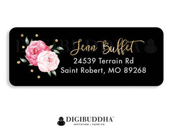 Pink Peony Address Labels Black & Gold Return Address Labels Modern Return Address Labels Floral Personalized Address Stickers | Jenn Black