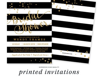 Stripe Black and White Bridal Shower Invites with Gold, Stripe Bridal Shower Invitations, Black and White Bridal Shower Invitations