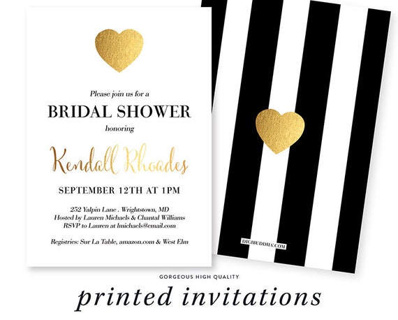 Bridal Shower Invitation Black and White, Stripe Bridal Shower Invite, Gold Faux Foil Invite, Bridal Brunch Invitation Printed with Envelope Il_570xn