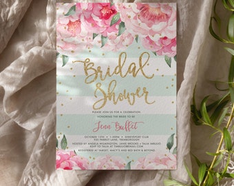 Mint and Peony Bridal Shower Invitation Printed, Bloom Peony Bridal Shower Invites, Elegant Mint and Pink Bridal Invites, Mint to Be Bridal