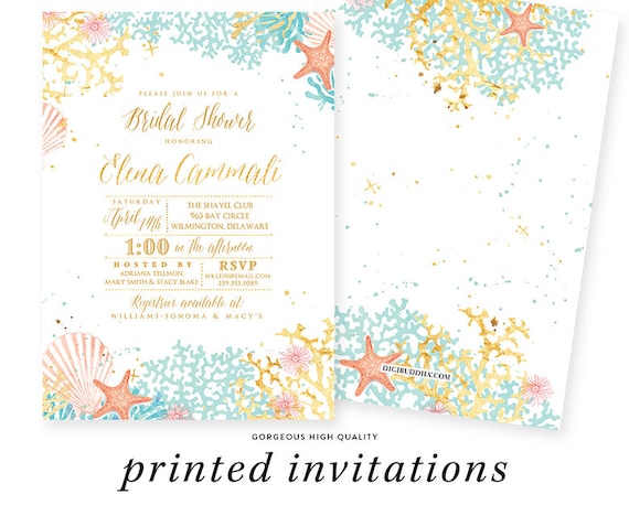 Beach Theme Bridal Shower Invitation, Couples Shower, Wedding Shower, Coral, Turquoise, Gold, Starfish, Printed Beach Bridal Shower Invites Il_570xn