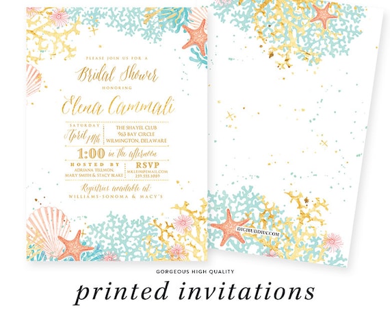 Beach Theme Bridal Shower Invitation Couples Shower Wedding Shower Coral Turquoise Gold Starfish Printed Beach Bridal Shower Invites