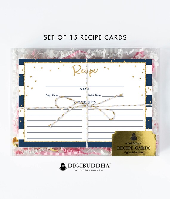 Recipe Card Gift Set of 15 Striped Recipe Cards Pack of 15 Gold Glitter Dots Recipe Cards Rainbow Color Choices Recipe Card Gift Set - Blake Il_570xn