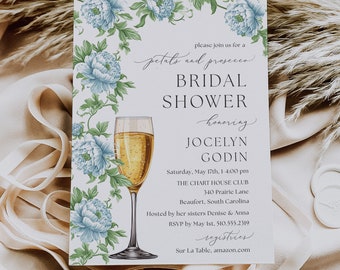 Spring Floral Bridal Brunch Party Invitations Printed, Petals And Prosecco Bridal Shower Invitations, Charleston Blue Bridal Shower Invites