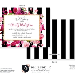 Magenta Floral Black Striped Bridal Shower Invitations, Elegant Pink Gold Wedding Invites, Unique Custom Bride-to-Be Celebration, Chic Bridal Brunch, Sophisticated Gold Frame Design, Ideas for Bridal Shower, Black and White Stripe Theme