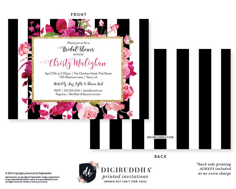Magenta Floral Black Striped Bridal Shower Invitations, Elegant Pink Gold Wedding Invites, Unique Custom Bride-to-Be Celebration, Chic Bridal Brunch, Sophisticated Gold Frame Design, Ideas for Bridal Shower, Black and White Stripe Theme