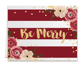 Be Merry Christmas Cards, Unique Glitter like Floral Holiday Card, Red Stripes Christmas Greeting Cards for Xmas, Tis the Season Best Card