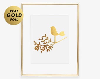 BIRD on a BRANCH Foil Print Modern Bird Gold Silver or Rose Gold Foil Print Art Print Nursery Wall Decor Wall Art Girl's Bedroom Decor A30