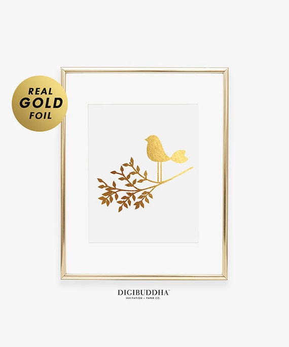 Bird On A Branch Foil Print Modern Bird Gold Silver Or Rose