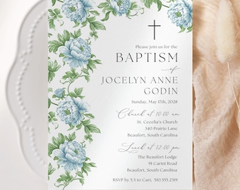 Blue Chinoiserie Baptism Invitations, Boy Baptism Christening Invite, LDS Baptism Invitation, Charleston Blue Baptism Invite, Holy Communion