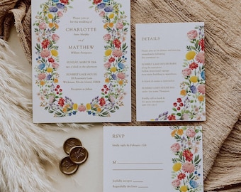 Wildflower Wedding Invitation Suite, Boho Floral Invitations Printed, Vintage Wildflower Wedding Invites, Garden Flowers Wedding Invitations