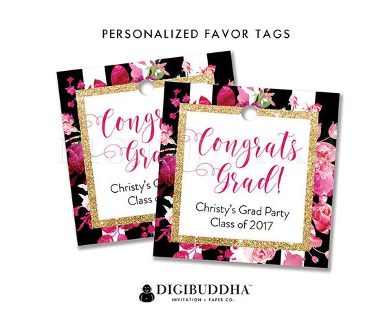 GRADUATION FAVOR TAGS Grad Party Favor Tag Party Thank You Tag Black & White Favor Label Pink Roses Tags Gift Tag DiY or Printed - Christy Il_570xn