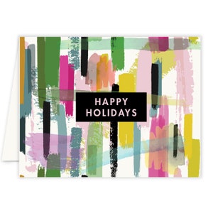 Cartes de Noël roses, joyeuses fêtes, traits de peinture, cartes de Noël en boîte, aquarelle abstraite, coffret, cartes de Noël abstraites