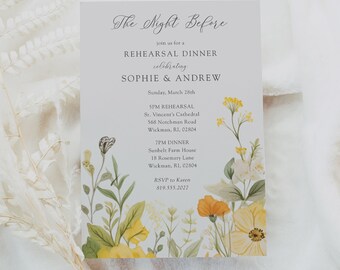 Rustic Wedding Rehearsal Dinner Party Invitation Printed, Garden Theme Rehearsal Dinner Invites, Yellow Floral Wild Flower Rehearsal Invites