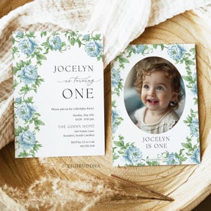 First Birthday Photo Invitation Printed, Fancy One Birthday Invitations, Vintage Blue Toile Birthday Invitations, Blue Flowers Invitations