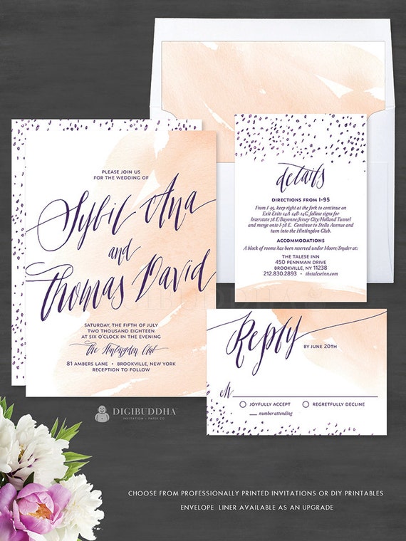 Watercolor Wedding Invitations 3 Piece Invitation Set Romantic