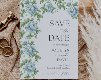 Save the Date Wedding Invitation, Save our Date Blue and Green Invitation, Grandmillennial Blue Floral Printed Save The Date Announcements