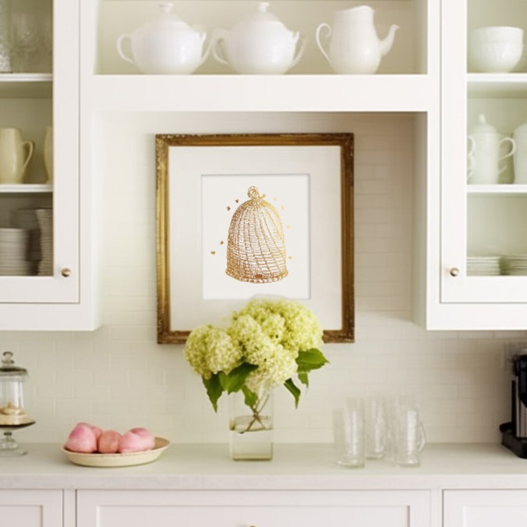kitchen wall art | bee art print | honey bee decor |... VINTAGE BEEHIVE Foil Art PRINT Wall Decor Honey Bee Art Print Nature ...