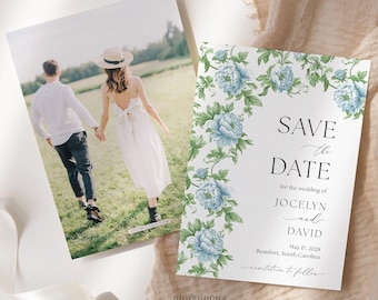 Blue Chinoiserie Watercolor Save The Date with Photo, Grandmillennial Garden Party Wedding Announcement, Preppy Southern Save The Date Cards