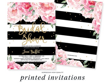 Black Stripe Peony Bridal Shower Invitations, Printed Wedding Shower Invitations, Tea Party Bridal Shower Invitations, Printed Bridal Invite