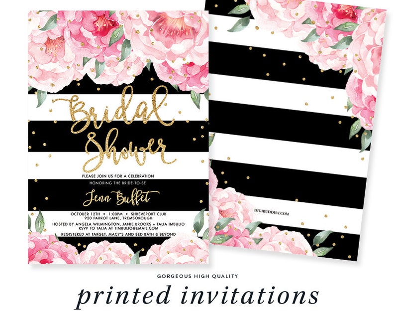 Black Stripe Peony Bridal Shower Invitations by Digibuddha