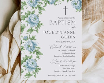 Cross Baptism Invite Baby Christening Printed Invitation Printed, Green Blue Toile Floral Baptism Invitations, Floral Christening Invitation