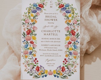 Floral Spring Bridal Shower Invites Printed, Wildflowers Shower Invite, Boho Bridal Shower Invitations Printed, Colorful Flower Arch Wreath