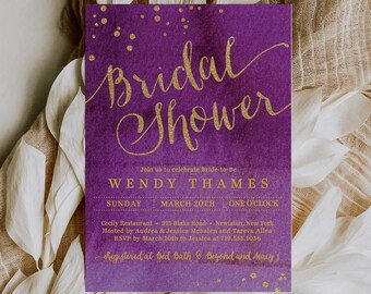 Ombre Purple and Gold Bridal Shower Invitations Printed, Modern Bridal Shower Invites, Custom Printed Bridal Shower Invites, Lavender Bridal