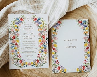 Bridal Shower Invitations Printed, Wildflower Boho Bridal Shower Stationery, Custom Personalized Bridal Shower Invitations, Printed Cards
