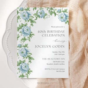 French Theme Spring Birthday Party Invitation, Blue Chinoiserie Birthday Invites, Any age Elegant Blue Toile Decor for Birthday Party Affair
