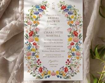Floral Wedding Shower Invitations, Boho Floral Wreath Invitations, Boho Garden Party Bridal Shower Card Printed Invitations with Envelopes