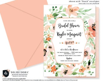 Wildflower Bridal Shower Invitations Printed, Peach Floral Bridal Shower Invites, Garden Bridal Shower Invite for Bride-to-Be, Green Blush