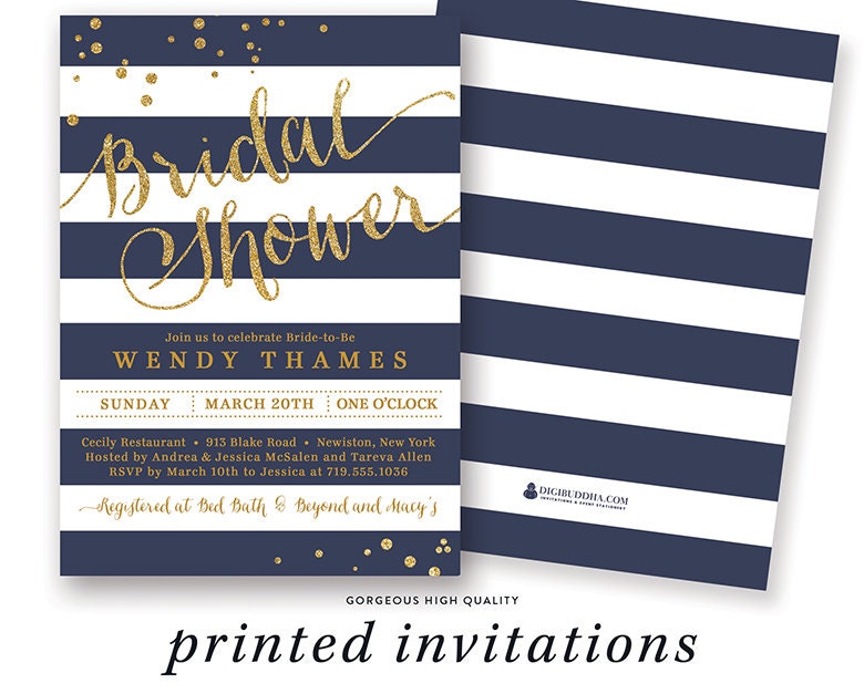 NAVY & GOLD BRIDAL Shower Invitation Stripes Invite Navy and Etsy