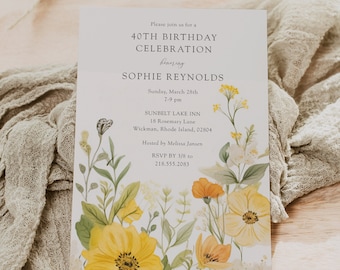 Meadow Floral Woman's Birthday Party Invite, Field Flowers Birthday Invitations, 40th Birthday Party Invitations, Wildflower Birthday Invite