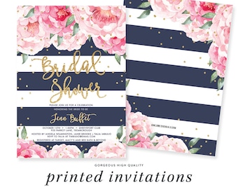 Navy Stripe and Flower Bridal Shower Invitations, Navy and Gold Bridal Shower Invitation, Navy and Pink Invitation, Bridesmaid Brunch Invite