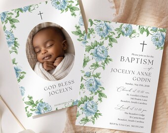 Simple Blue Southern Themed Baptism Party Religious Event Invitations, Blue Toile Baptism Photo Invites, Floral Southern Blue Baptism Invite