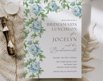 Bridesmaids Luncheon Invitations, Chinoiserie Bridal Brunch Invite, Bridal Tea Invites, Floral Bridesmaids Brunch Invite Printed, Dusty Blue
