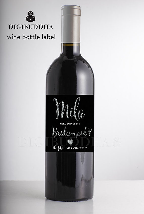 Will You Be My Bridesmaid? WINE LABELS Modern Black Faux Silver Glitter Glam Personalized Label Wedding Bachelorette DIY or Printed- Mila Il_570xn