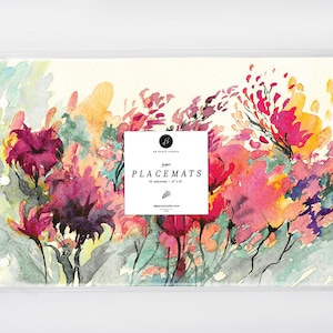 Floral Modern Paper Placemats,  Watercolor Floral Blooms Disposable Place Mats Bridal Shower, Paper Placemats Wedding Shower, Hostess Gift
