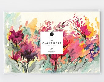 Floral Modern Paper Placemats,  Watercolor Floral Blooms Disposable Place Mats Bridal Shower, Paper Placemats Wedding Shower, Hostess Gift