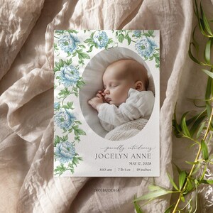 Faire-part de naissance floral imprimé, faire-part de naissance aquarelle, faire-part de naissance fille printemps, cartes de remerciement photo nouveau-né